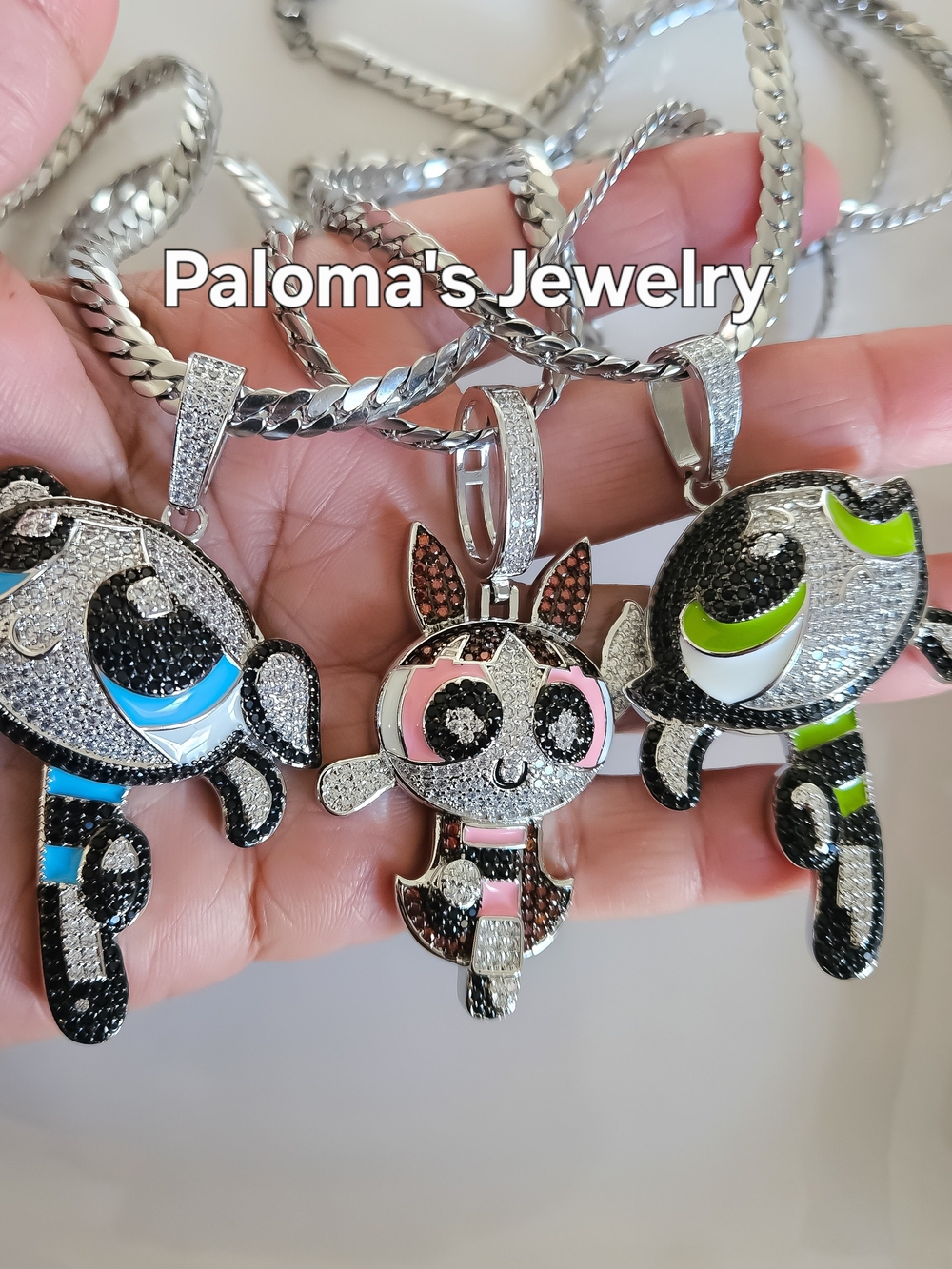 3 Pcs Set Pink, Blue And Green Silver Color Necklaces Powrpuff Girl
